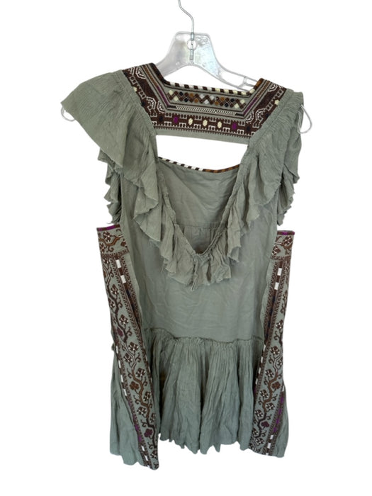 Free People Size S Green & Brown Cotton Short Sleeve Cross Stitch Dress Green & Brown / S