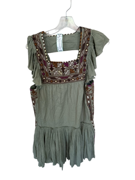Free People Size S Green & Brown Cotton Short Sleeve Cross Stitch Dress Green & Brown / S