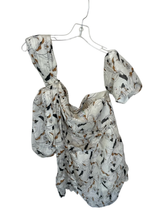 Acler Size Est S white & tan One Shoulder Botanical Gathered Dress white & tan / Est S