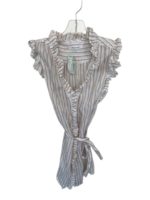 Frame Size S white & tan Flutter Sleeves Striped Belted Dress white & tan / S