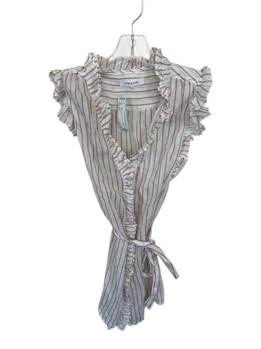 Frame Size S white & tan Flutter Sleeves Striped Belted Dress white & tan / S