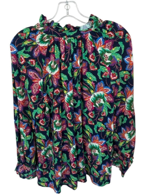 XiRENA Size S Navy & Multi Rayon Long Sleeve Botanical Ruffle collar Top Navy & Multi / S