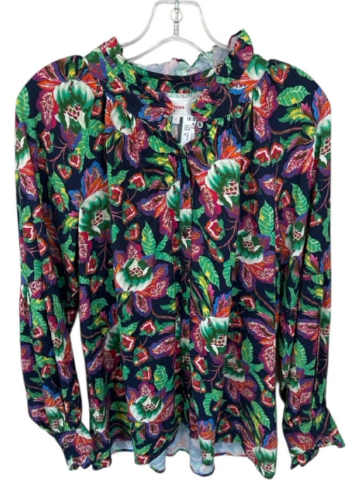 XiRENA Size S Navy & Multi Rayon Long Sleeve Botanical Ruffle collar Top Navy & Multi / S