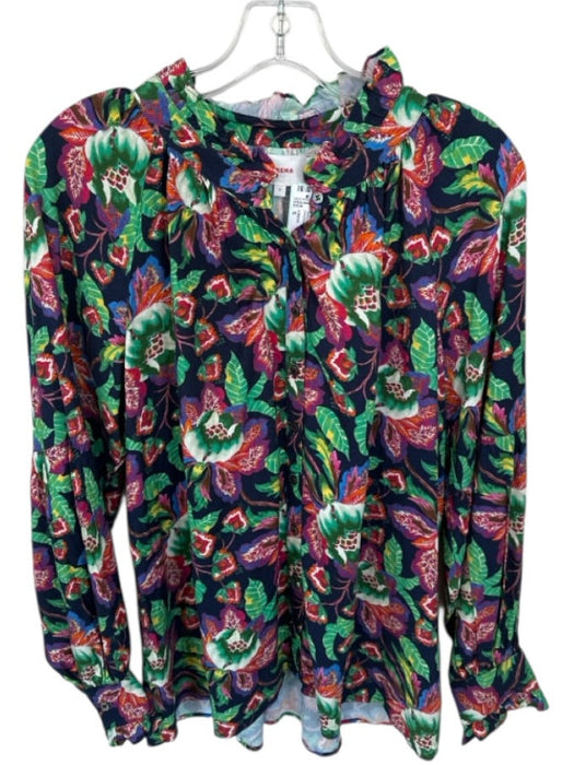 XiRENA Size S Navy & Multi Rayon Long Sleeve Botanical Ruffle collar Top Navy & Multi / S