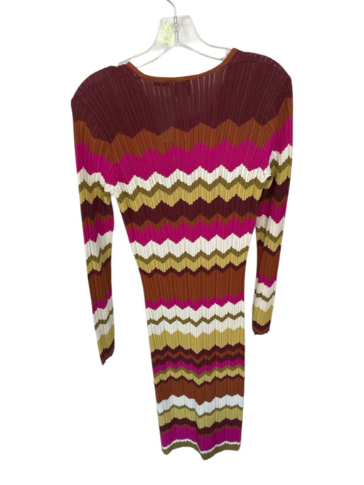 Pinko Size L Brown & Magenta Viscose Long Sleeve Chevron Lace Up Front Dress Brown & Magenta / L