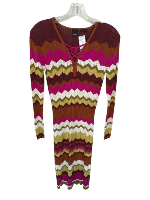 Pinko Size L Brown & Magenta Viscose Long Sleeve Chevron Lace Up Front Dress Brown & Magenta / L