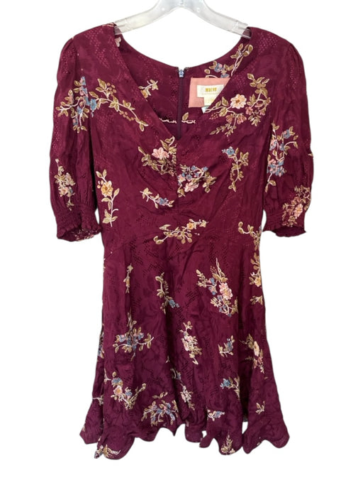 Maeve Size 8 Maroon & Tan Viscose Short Sleeve Floral Back Zip Dress Maroon & Tan / 8
