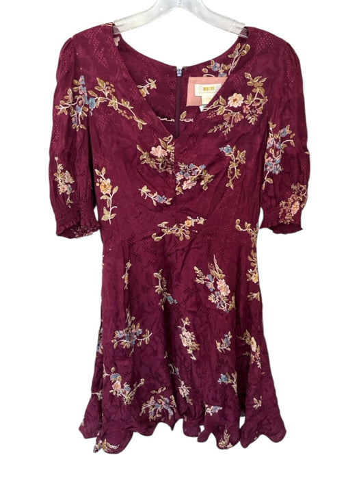 Maeve Size 8 Maroon & Tan Viscose Short Sleeve Floral Back Zip Dress Maroon & Tan / 8