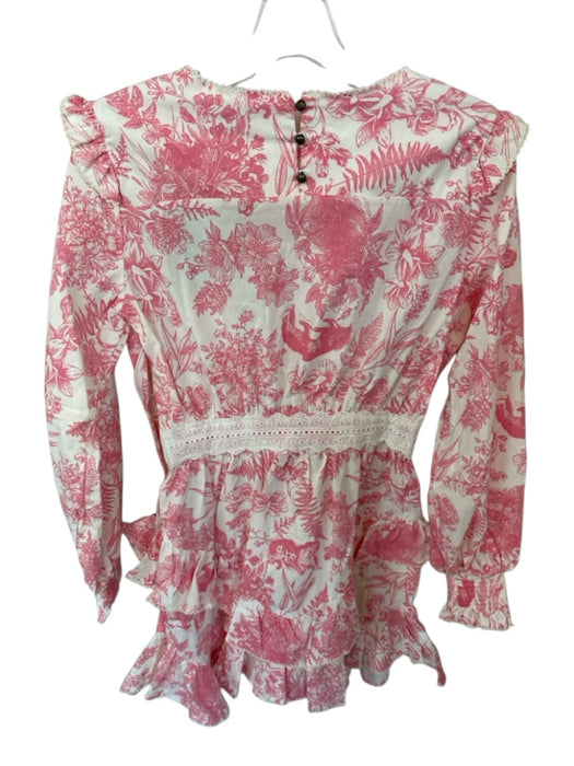 Lalibela Size XS Pink & White Cotton Long Balloon Sleeve Toile Ruffles Dress Pink & White / XS