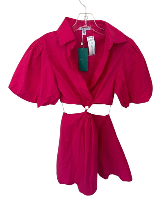 Lalibela Size S Magenta Pink Cotton 3/4 Balloon Sleeve Collar Cut Out Side Dress Magenta Pink / S