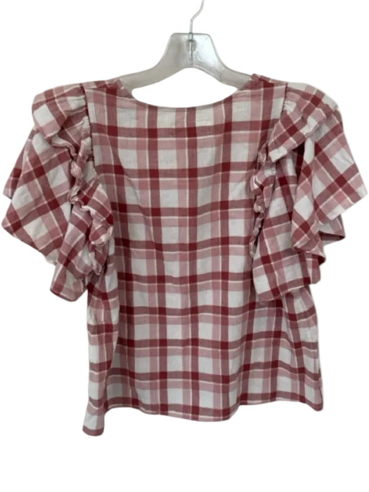 The Great Size 0/XS Mauve & White Cotton & Linen Short Sleeve Checkered Top Mauve & White / 0/XS