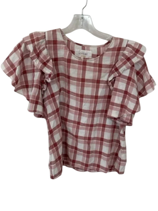 The Great Size 0/XS Mauve & White Cotton & Linen Short Sleeve Checkered Top Mauve & White / 0/XS