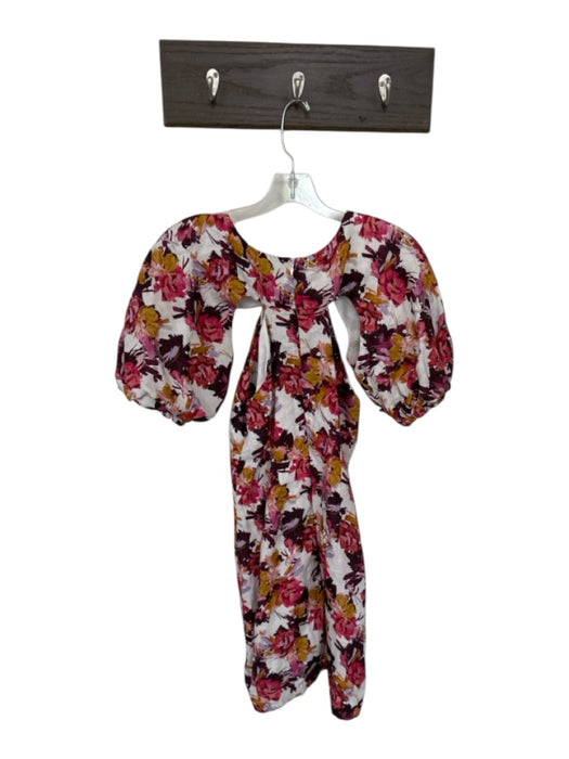 Nicholas Size 7 Purple & White Linen Short Balloon Sleeve Flowers Back Zip Dress Purple & White / 7