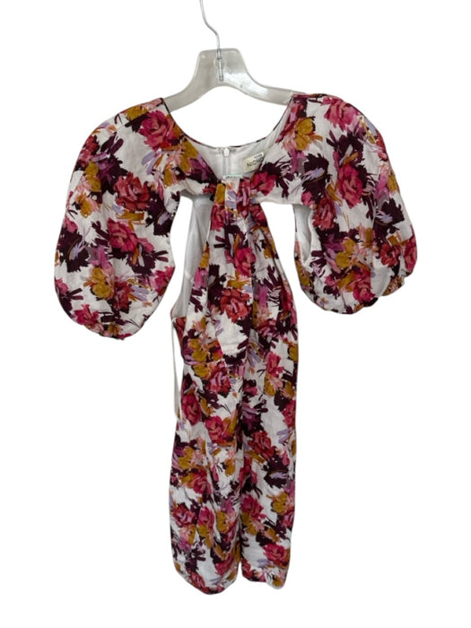Nicholas Size 7 Purple & White Linen Short Balloon Sleeve Flowers Back Zip Dress Purple & White / 7