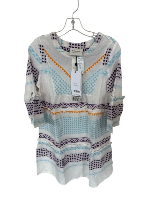 Cecilie Copenhagen Size XS White & Purple Cotton Long Sleeve Tribal Dress White & Purple / XS