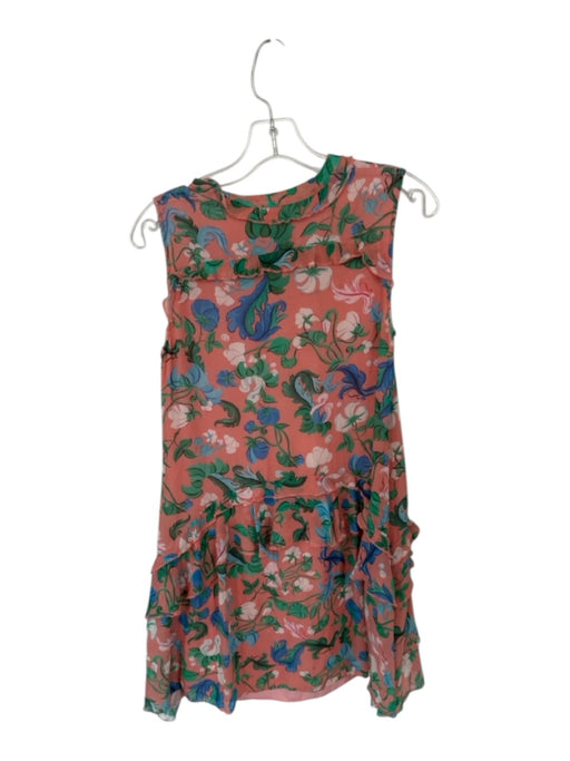 Saloni Size 2 Peach & Green Silk Sleeveless Flowers Buttons Ruffles Dress Peach & Green / 2