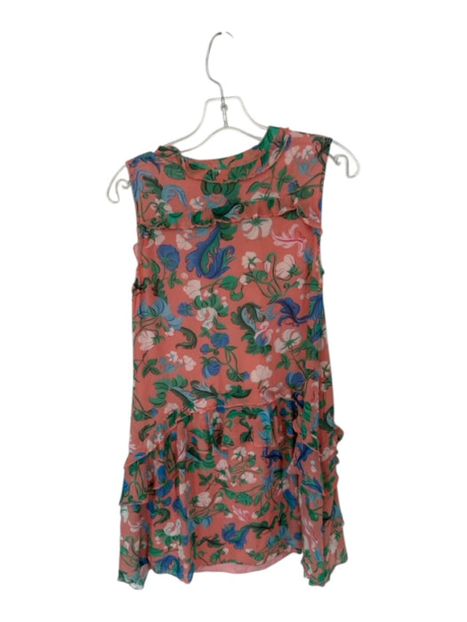 Saloni Size 2 Peach & Green Silk Sleeveless Flowers Buttons Ruffles Dress Peach & Green / 2