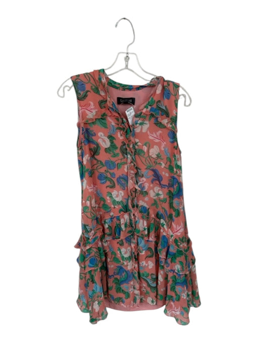 Saloni Size 2 Peach & Green Silk Sleeveless Flowers Buttons Ruffles Dress Peach & Green / 2