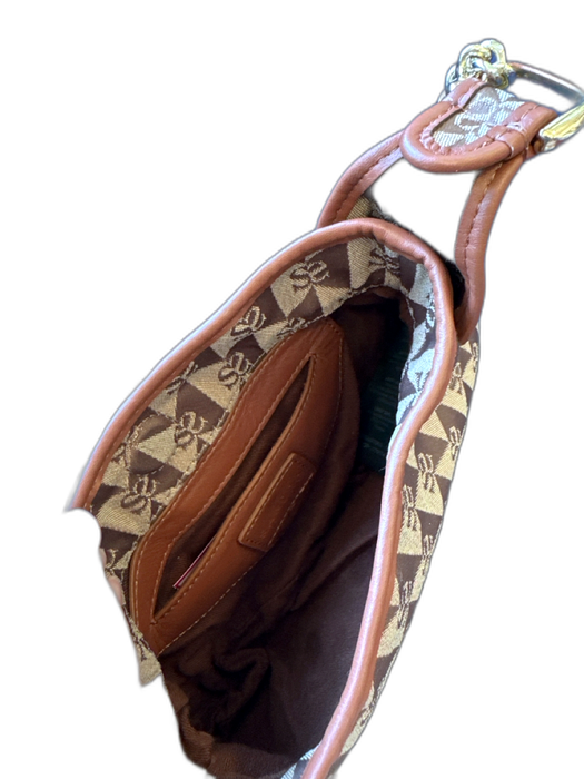 Sandro Taupe & Brown Canvas Logo Leather Accents Chain Strap Turn Lock Bag Taupe & Brown / S