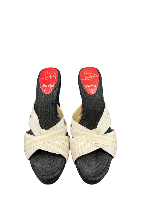 Christian Louboutin Shoe Size 36 White & Black Canvas Wedge Espadrille Sandals White & Black / 36