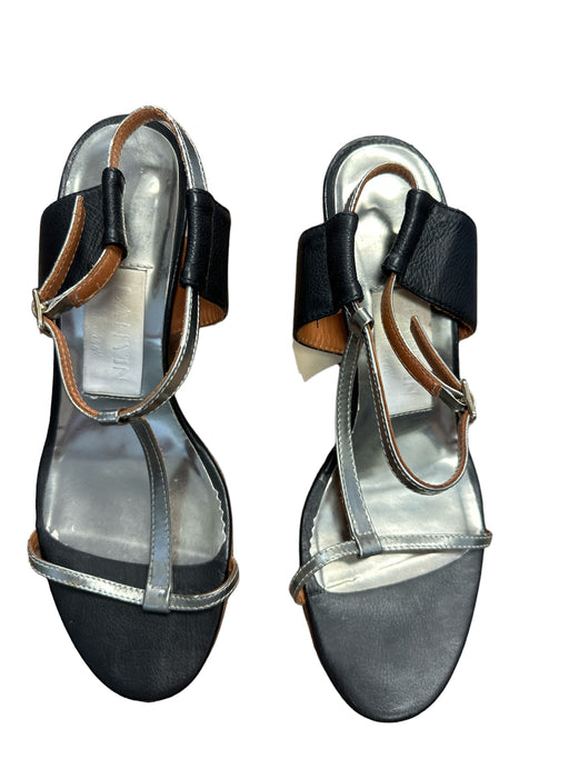 Lanvin Shoe Size 39 Black & Silver Leather Metallic Block Heel Sandals Black & Silver / 39