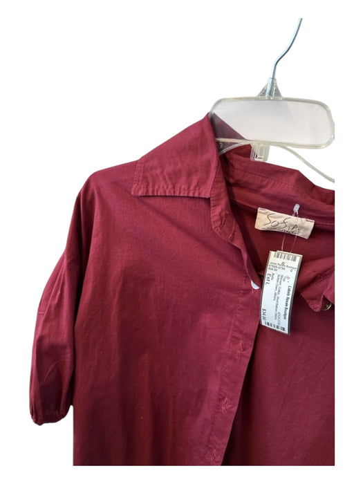 Sofia Size Est L Maroon Cotton Short Balloon Sleeve Button Down Top Maroon / Est L