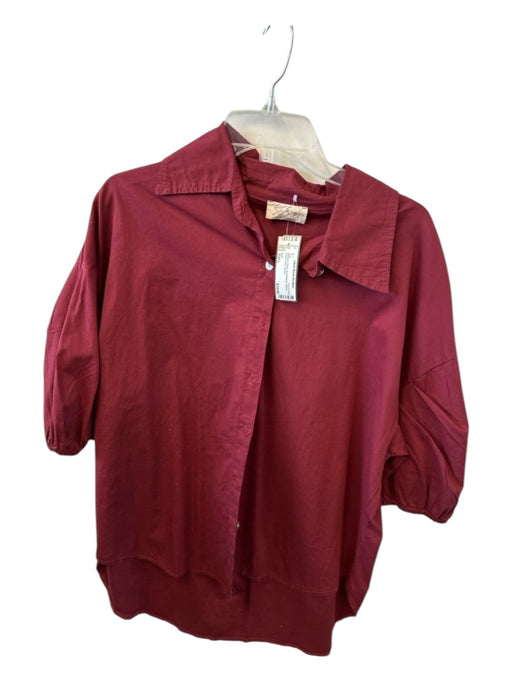 Sofia Size Est L Maroon Cotton Short Balloon Sleeve Button Down Top Maroon / Est L