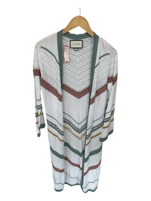 Alexis Size M White & Green Viscose Blend Perforated Open Front Duster Sweater White & Green / M