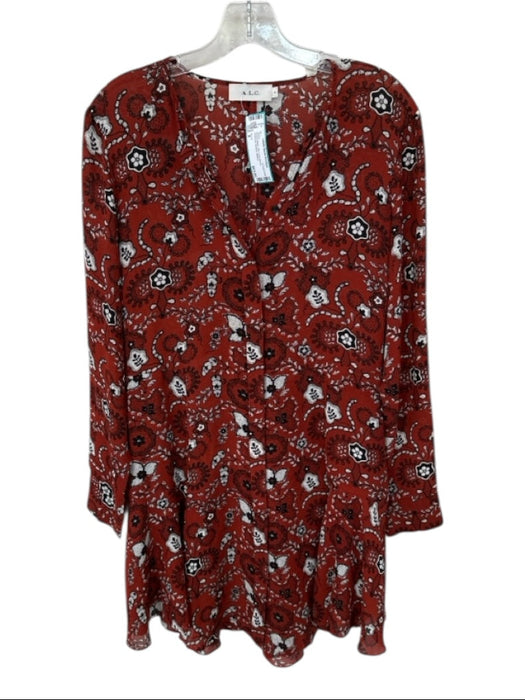 A.L.C. Size 8 Rust & Black Silk Long Sleeve Botanical Buttons Dress Rust & Black / 8