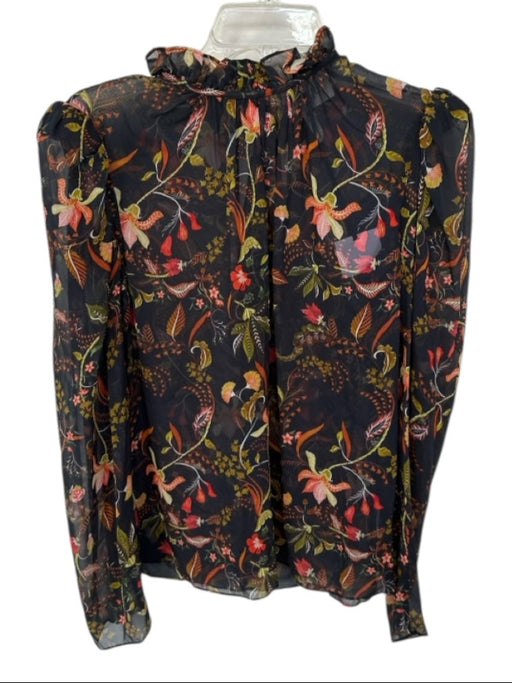 Saloni Size 8 Navy & Orange Silk Long Sleeve Botanical Semi Sheer Top Navy & Orange / 8