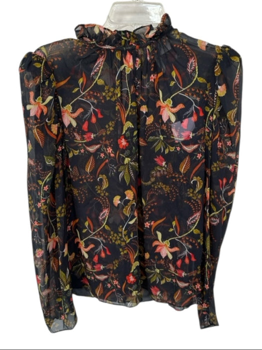 Saloni Size 8 Navy & Orange Silk Long Sleeve Botanical Semi Sheer Top Navy & Orange / 8