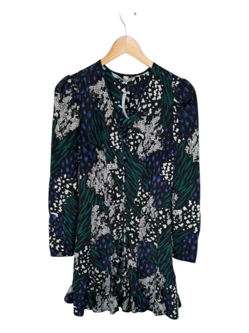 Veronica Beard Size 0 Green & Blue Silk Long Sleeve Animal Print Buttons Dress Green & Blue / 0