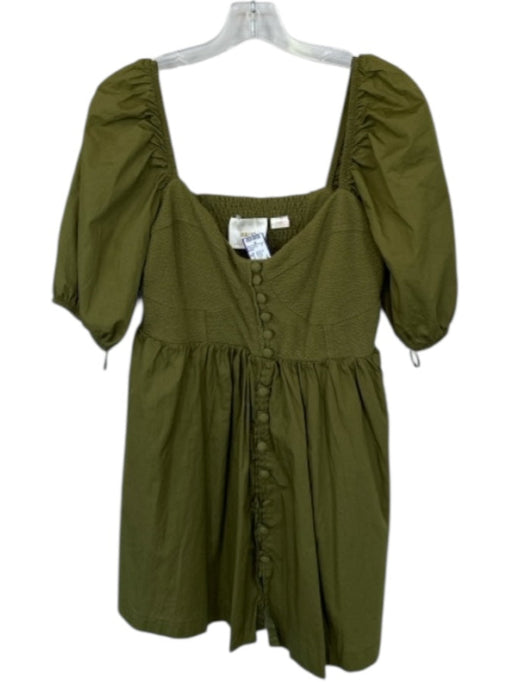 Maeve Size M Olive Green Cotton Blend Short Balloon Sleeve Buttons Dress Olive Green / M