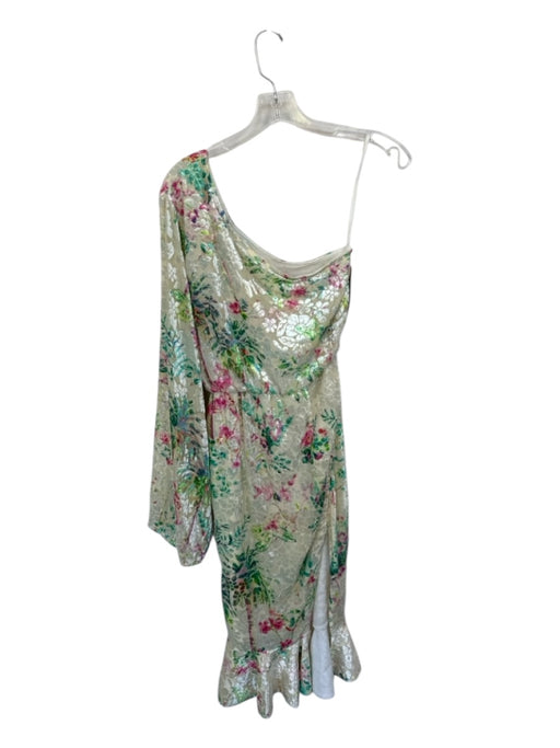 Hemant & Nandita Size M Cream & Multi Velvet One Shoulder Botanical Belted Gown Cream & Multi / M
