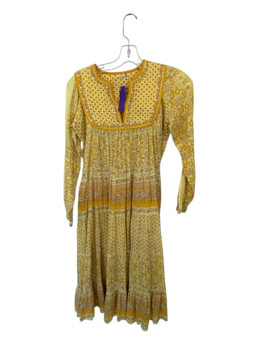 Matta Size XS Yellow & Taupe Cotton Long Sleeve Floral Maxi Dress Yellow & Taupe / XS