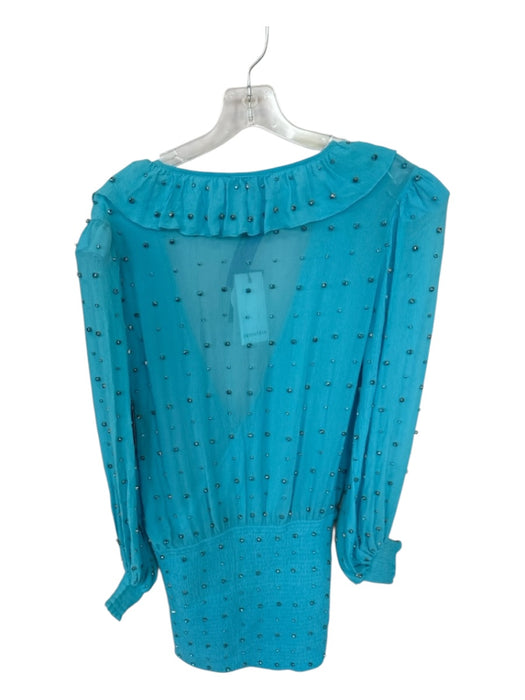 Retrofete Size XS Aqua Silk Long Balloon Sleeve Rhinestone Smocked Bodice Dress Aqua / XS