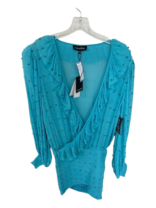 Retrofete Size XS Aqua Silk Long Balloon Sleeve Rhinestone Smocked Bodice Dress Aqua / XS