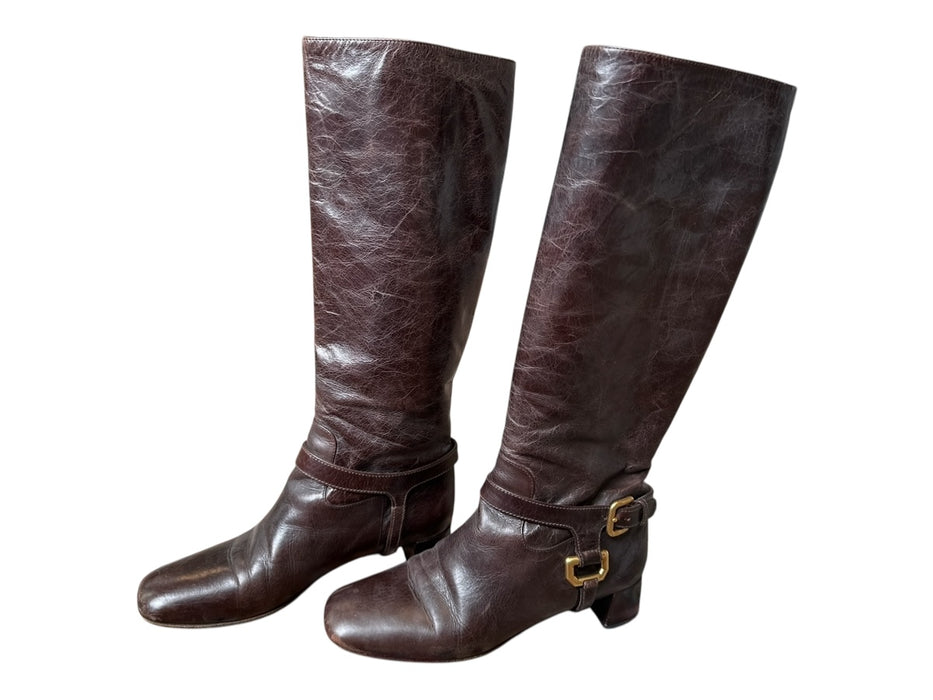 Prada Shoe Size 39 Chocolate Brown Leather Buckle GHW Knee High Boots Chocolate Brown / 39