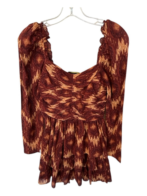 House of Harlow Size S Burgundy & Tan Cotton Blend Long Sleeve Ikat Dress Burgundy & Tan / S