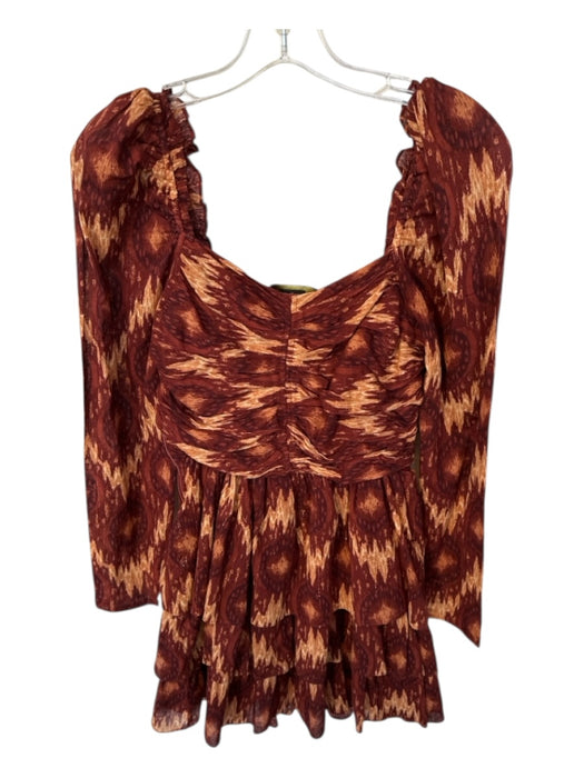 House of Harlow Size S Burgundy & Tan Cotton Blend Long Sleeve Ikat Dress Burgundy & Tan / S