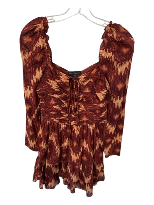 House of Harlow Size S Burgundy & Tan Cotton Blend Long Sleeve Ikat Dress Burgundy & Tan / S