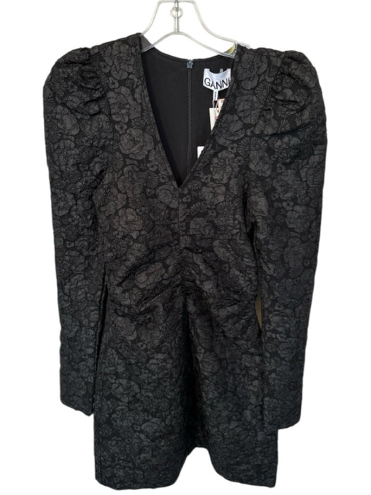 Ganni Size 2 Black Polyester jaquard Long Sleeve Gathered Front Back Zip Dress Black / 2