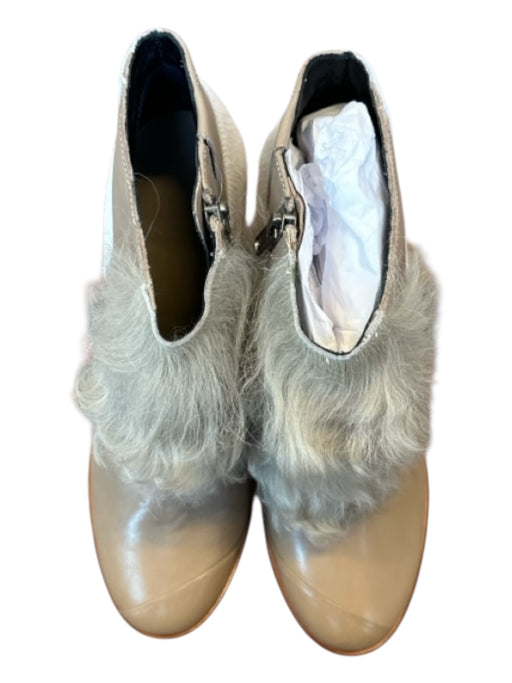 Tibi Shoe Size 39.5 Taupe & White Leather Fur Side Zip Block Heel Boots Taupe & White / 39.5