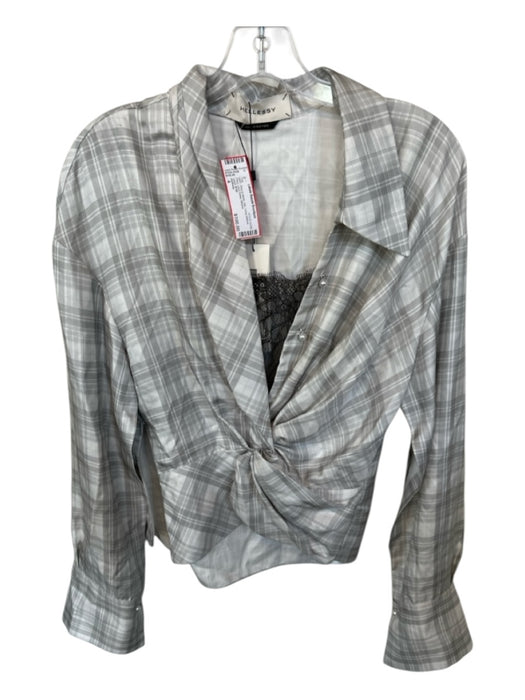 Hellessy Size 4 Gray & White Silk Long Sleeve Plaid Lace Detail Top Gray & White / 4
