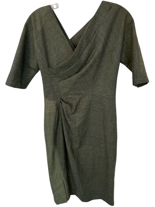 Lela Rose Size 6 Green Wool 3/4 Sleeve Crossover Pleated Side Zip Dress Green / 6