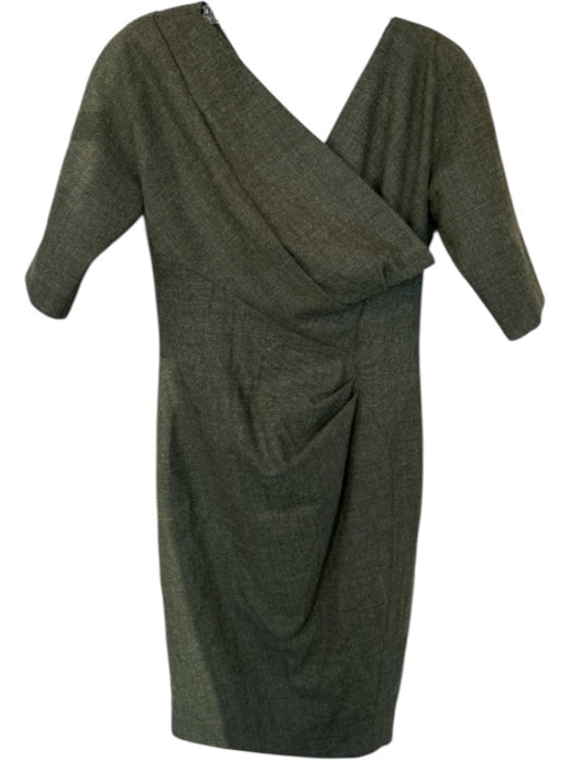 Lela Rose Size 6 Green Wool 3/4 Sleeve Crossover Pleated Side Zip Dress Green / 6