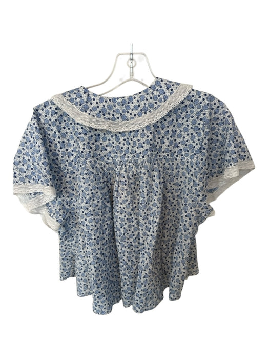 Free People Size M Blue & White Cotton Short Sleeve Flowers Bib Lace Trim Top Blue & White / M