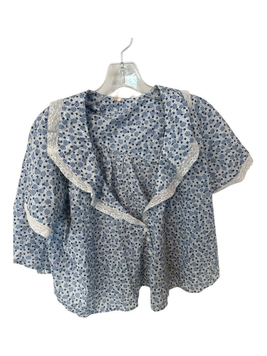 Free People Size M Blue & White Cotton Short Sleeve Flowers Bib Lace Trim Top Blue & White / M