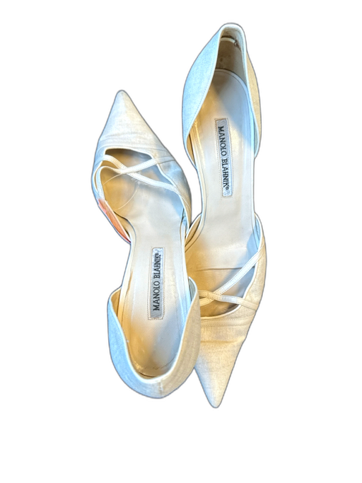 Manolo Blahnik Shoe Size 40.5 Bone Canvas & Leather Heel Pointed Toe Pumps Bone / 40.5