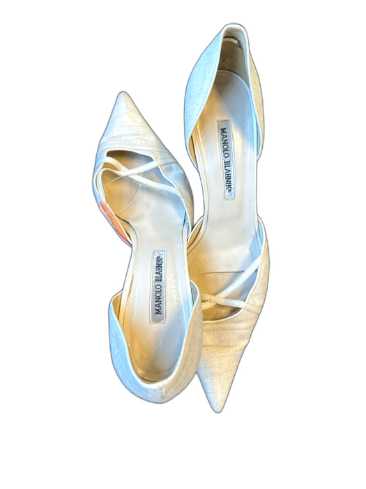 Manolo Blahnik Shoe Size 40.5 Bone Canvas & Leather Heel Pointed Toe Pumps Bone / 40.5